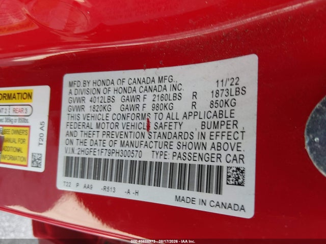Продажа на аукционе авто 2023 Honda Civic, vin: 2HGFE1F79PH300570, номер лота: 45886973