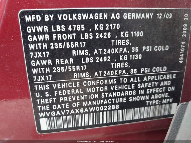 Продаж на аукціоні авто 2010 Volkswagen Tiguan Wolfsburg Edition, vin: WVGAV7AX6AW002288, номер лоту: 45886980