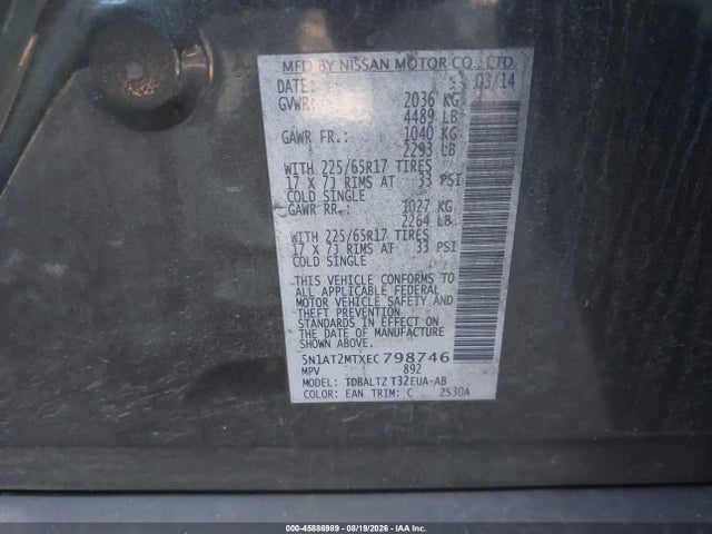 Продажа на аукционе авто 2014 Nissan Rogue Sv, vin: 5N1AT2MTXEC798746, номер лота: 45886989