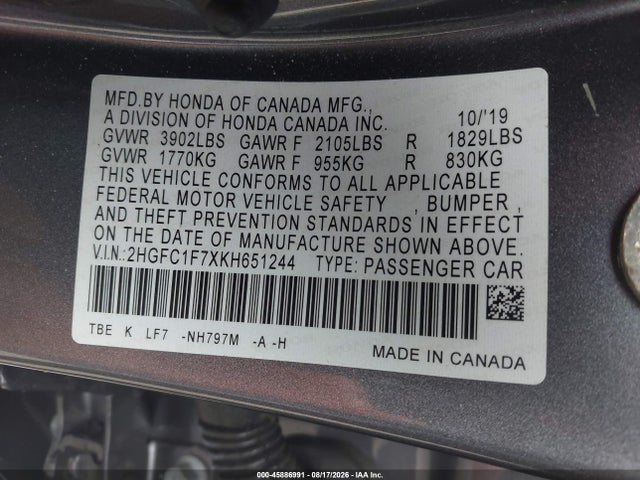 Aukcja sprzedaży 2019 Honda Civic Ex-l, vin: 2HGFC1F7XKH651244, numer aukcji: 45886991