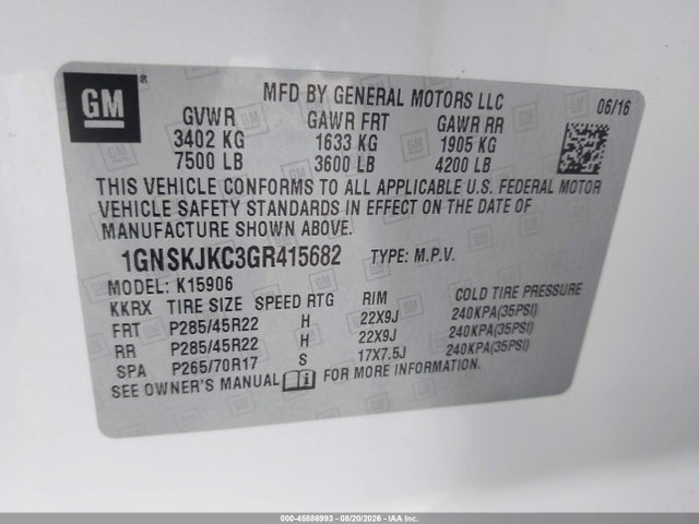 Продаж на аукціоні авто 2016 Chevrolet Suburban Ltz, vin: 1GNSKJKC3GR415682, номер лоту: 45886993