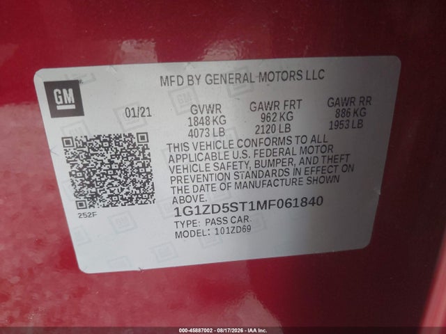 Продаж на аукціоні авто 2021 Chevrolet Malibu Fwd Lt, vin: 1G1ZD5ST1MF061840, номер лоту: 45887002