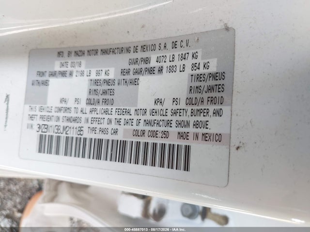 Продаж на аукціоні авто 2018 Mazda Mazda3 Touring, vin: 3MZBN1V38JM211185, номер лоту: 45887013