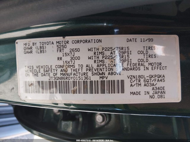 2000 Toyota 4runner Sr5 V6 მანქანა იყიდება აუქციონზე, vin: JT3GN86R0Y0151361, აუქციონის ნომერი: 45887018