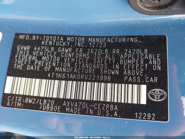 Aukcja sprzedaży 2024 Toyota Camry Xse, vin: 4T1K61AK0RU221998, numer aukcji: 45887046