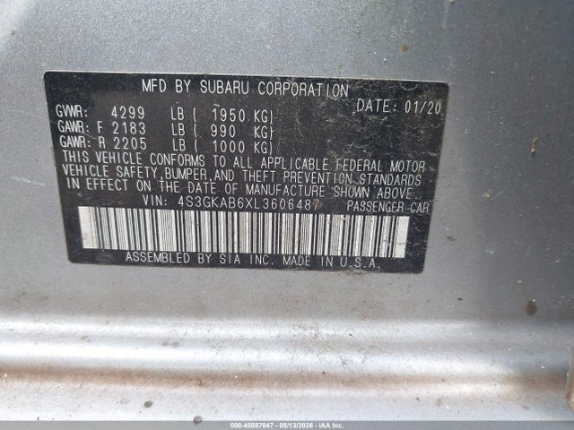 2020 Subaru Impreza Sedan მანქანა იყიდება აუქციონზე, vin: 4S3GKAB6XL3606487, აუქციონის ნომერი: 45887047