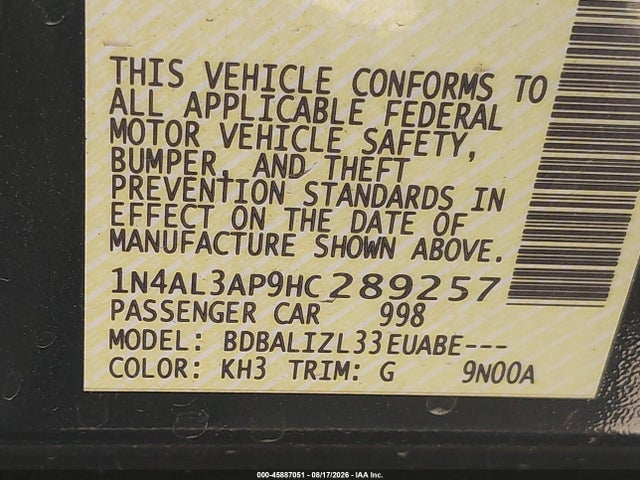 1N4AL3AP9HC289257 Nissan Altima 2.5 Sv