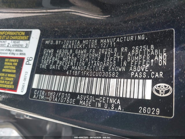 Продажа на аукционе авто 2012 Toyota Camry Le, vin: 4T1BF1FK0CU030582, номер лота: 45887053