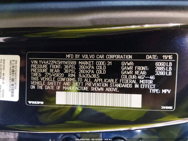 Aukcja sprzedaży 2017 Volvo Xc90 T6 Momentum, vin: YV4A22PK5H1145569, numer aukcji: 45887055