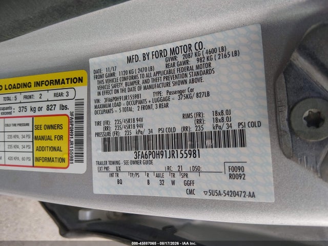 Aukcja sprzedaży 2018 Ford Fusion Se, vin: 3FA6P0H91JR155981, numer aukcji: 45887065