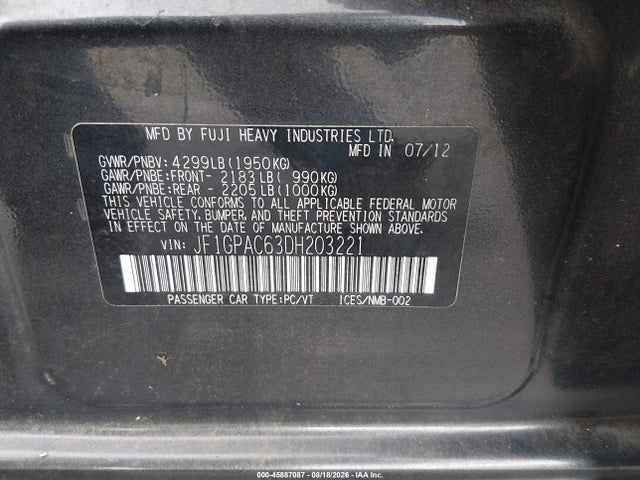 Aukcja sprzedaży 2013 Subaru Impreza 2.0i Premium, vin: JF1GPAC63DH203221, numer aukcji: 45887087