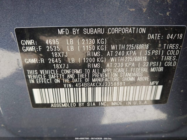 Продажа на аукционе авто 2018 Subaru Outback 2.5i Limited, vin: 4S4BSAKCXJ3358881, номер лота: 45887093
