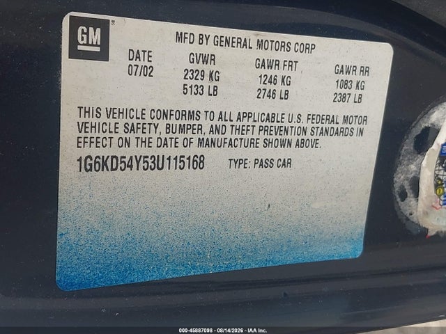 Продаж на аукціоні авто 2003 Cadillac Deville Standard, vin: 1G6KD54Y53U115168, номер лоту: 45887098