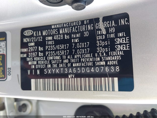 45887110 :رقم المزاد ، 5XYKT3A65DG407638 vin ، 2013 Kia Sorento Lx مزاد بيع