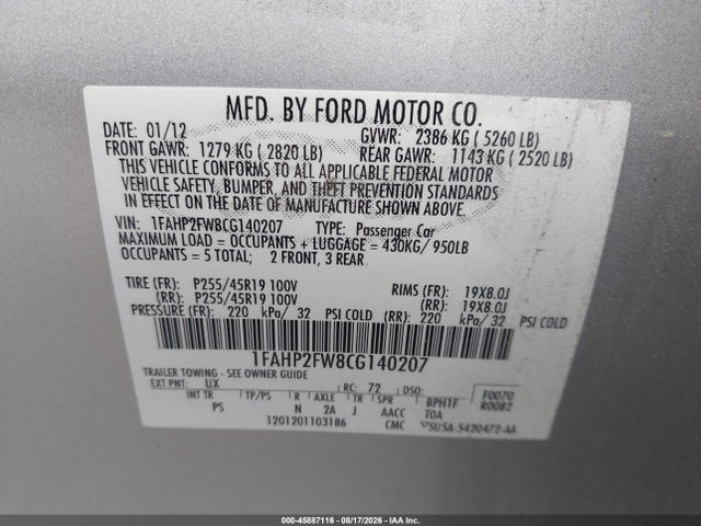 Продаж на аукціоні авто 2012 Ford Taurus Limited, vin: 1FAHP2FW8CG140207, номер лоту: 45887116