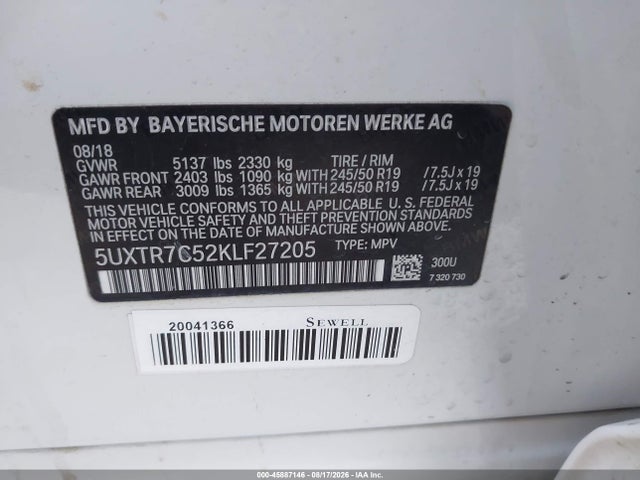 Продажа на аукционе авто 2019 Bmw X3 Sdrive30i, vin: 5UXTR7C52KLF27205, номер лота: 45887146