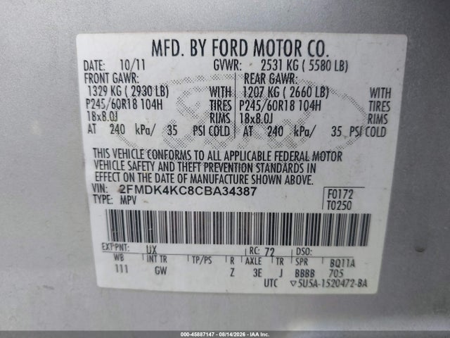 Auction sale of the 2012 Ford Edge Limited, vin: 2FMDK4KC8CBA34387, lot number: 45887147