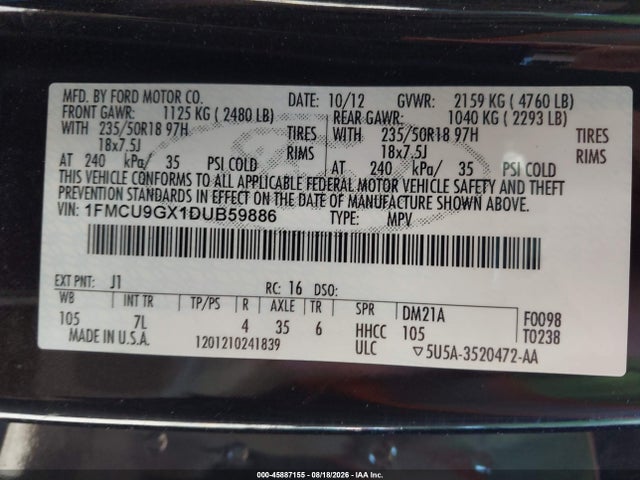 45887155 :رقم المزاد ، 1FMCU9GX1DUB59886 vin ، 2013 Ford Escape Se مزاد بيع