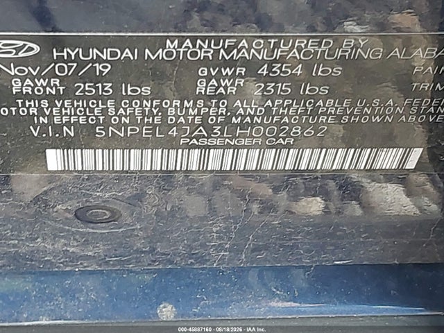 45887160 :رقم المزاد ، 5NPEL4JA3LH002862 vin ، 2020 Hyundai Sonata Sel مزاد بيع