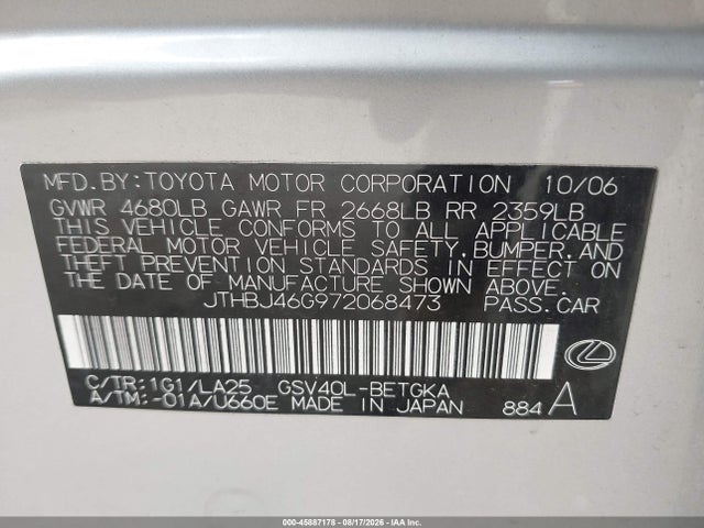 2007 Lexus Es 350 მანქანა იყიდება აუქციონზე, vin: JTHBJ46G972068473, აუქციონის ნომერი: 45887178