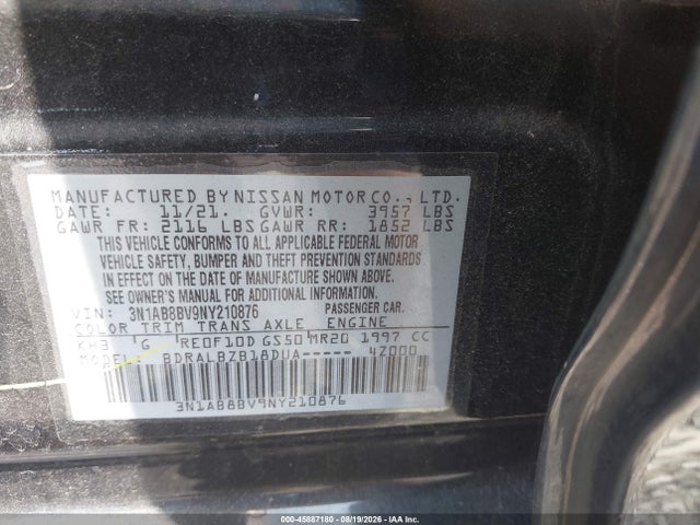 Продажа на аукционе авто 2022 Nissan Sentra S Xtronic Cvt, vin: 3N1AB8BV9NY210876, номер лота: 45887180