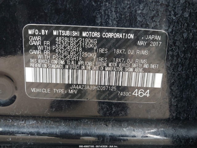 2017 Mitsubishi Outlander Se მანქანა იყიდება აუქციონზე, vin: JA4AZ3A39HZ057125, აუქციონის ნომერი: 45887185