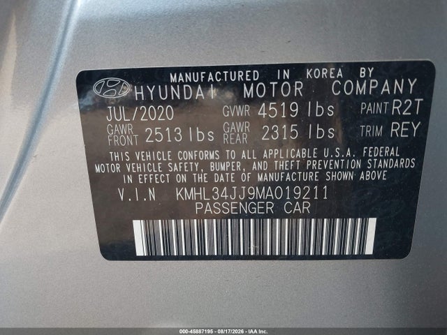 Продаж на аукціоні авто 2021 Hyundai Sonata Sel, vin: KMHL34JJ9MA019211, номер лоту: 45887195