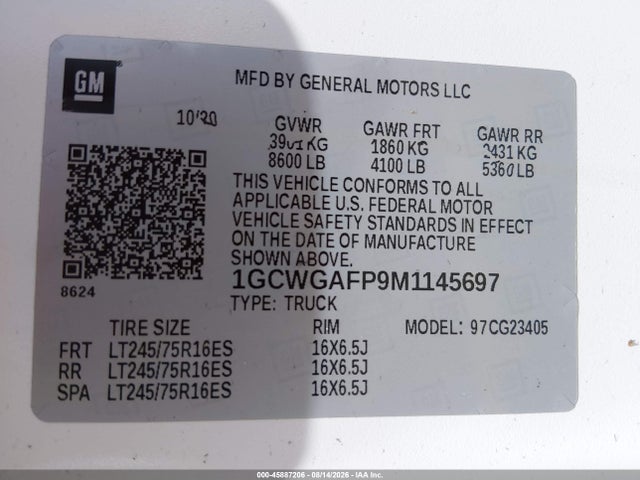 Продажа на аукционе авто 2021 Chevrolet Express Cargo Rwd 2500 Regular Wheelbase Wt, vin: 1GCWGAFP9M1145697, номер лота: 45887206