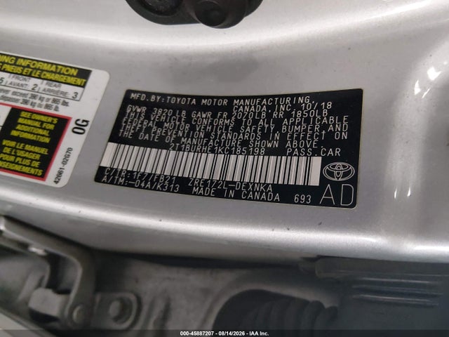 Aukcja sprzedaży 2019 Toyota Corolla Le, vin: 2T1BURHE1KC185198, numer aukcji: 45887207