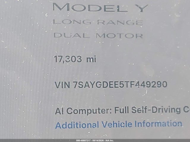 Продаж на аукціоні авто 2026 Tesla Model Y All-wheel Drive/long Range Launch Series/premium All-wheel Drive, vin: 7SAYGDEE5TF449290, номер лоту: 45887217