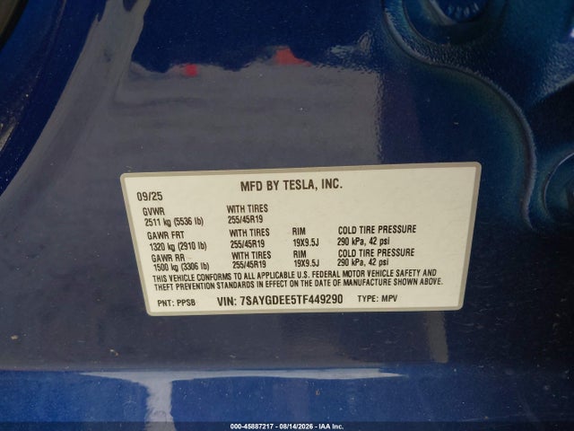 Продаж на аукціоні авто 2026 Tesla Model Y All-wheel Drive/long Range Launch Series/premium All-wheel Drive, vin: 7SAYGDEE5TF449290, номер лоту: 45887217