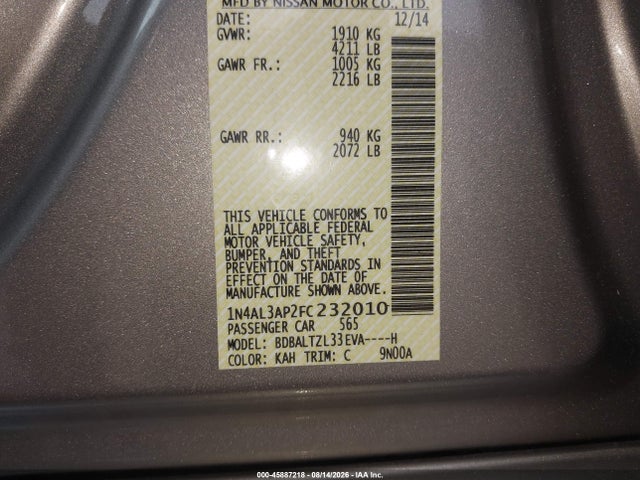 Продажа на аукционе авто 2015 Nissan Altima 2.5 Sl, vin: 1N4AL3AP2FC232010, номер лота: 45887218