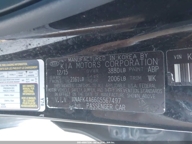 45887234 :رقم المزاد ، KNAFK4A66G5567497 vin ، 2016 Kia Forte Lx مزاد بيع