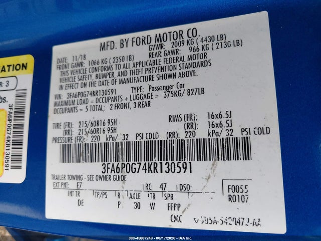 Aukcja sprzedaży 2019 Ford Fusion S, vin: 3FA6P0G74KR130591, numer aukcji: 45887249