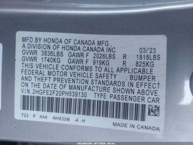 45887269 :رقم المزاد ، 2HGFE2F20PH539130 vin ، 2023 Honda Civic Lx مزاد بيع