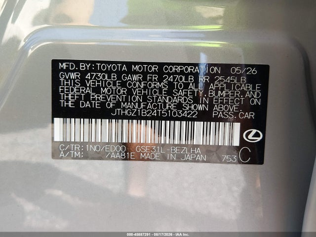 2026 Lexus Is 350 F Sport მანქანა იყიდება აუქციონზე, vin: JTHGZ1B24T5103422, აუქციონის ნომერი: 45887291