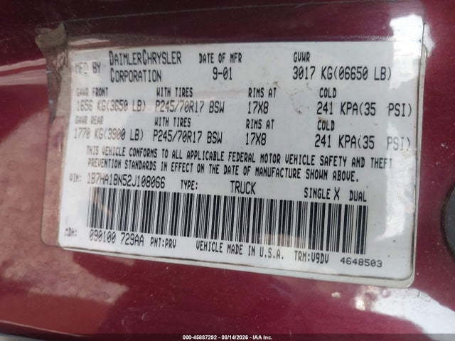 Продаж на аукціоні авто 2002 Dodge Ram 1500 St, vin: 1B7HA18N52J108066, номер лоту: 45887292