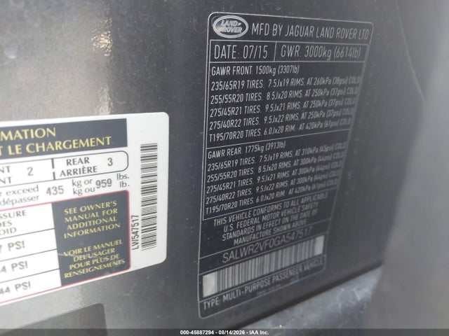 Продаж на аукціоні авто 2016 Land Rover Range Rover Sport 3.0l V6 Supercharged Hse, vin: SALWR2VF0GA547517, номер лоту: 45887294