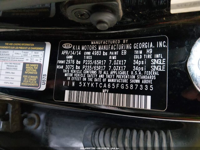 Aukcja sprzedaży 2015 Kia Sorento Lx, vin: 5XYKTCA65FG587335, numer aukcji: 45887299