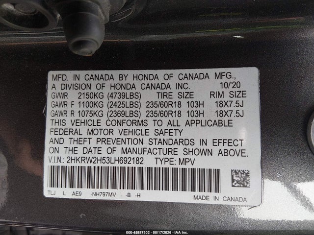 Honda Cr-v Awd Ex 2020 2HKRW2H53LH692182 Image 9