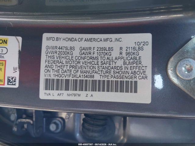 Продажа на аукционе авто 2020 Honda Accord Sport, vin: 1HGCV1F3XLA154088, номер лота: 45887307