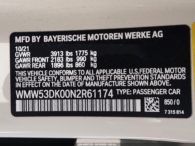 Продажа на аукционе авто 2022 Mini Hardtop Cooper S, vin: WMW53DK00N2R61174, номер лота: 45887325