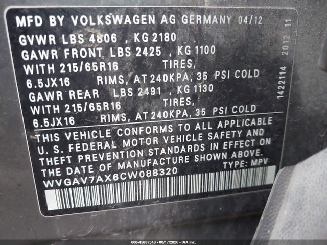 Aukcja sprzedaży 2012 Volkswagen Tiguan S, vin: WVGAV7AX6CW088320, numer aukcji: 45887340