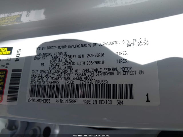 45887345 :رقم المزاد ، 3TYLC5LN3TT064922 vin ، 2026 Toyota Tacoma Hybrid Trd Pro مزاد بيع