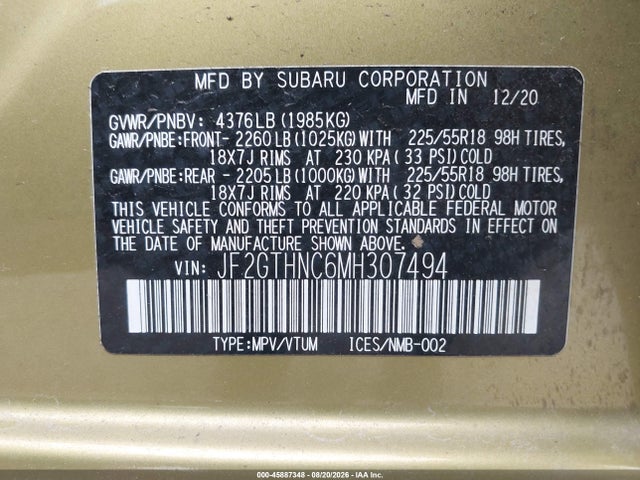 Продаж на аукціоні авто 2021 Subaru Crosstrek Limited, vin: JF2GTHNC6MH307494, номер лоту: 45887348