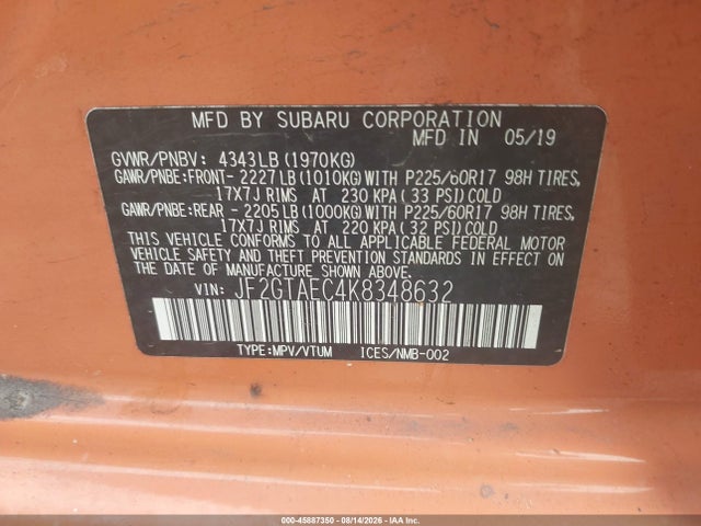 Продаж на аукціоні авто 2019 Subaru Crosstrek 2.0i Premium, vin: JF2GTAEC4K8348632, номер лоту: 45887350