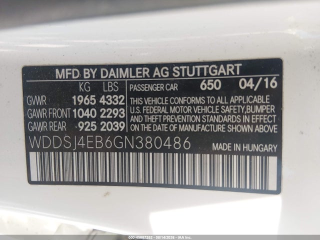 Aukcja sprzedaży 2016 Mercedes-benz Cla 250, vin: WDDSJ4EB6GN380486, numer aukcji: 45887352