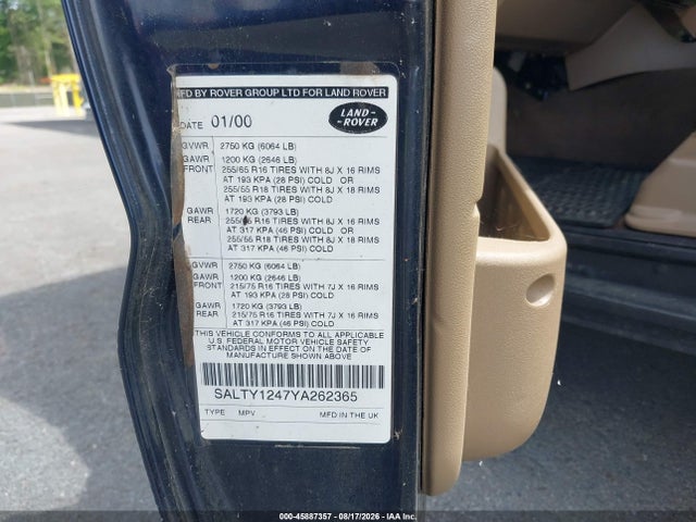 Продаж на аукціоні авто 2000 Land Rover Discovery Series Ii Cloth/series Ii Leather, vin: SALTY1247YA262365, номер лоту: 45887357