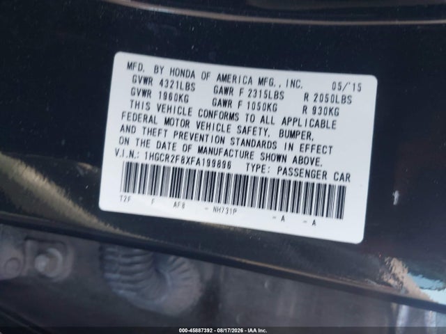 45887392 :رقم المزاد ، 1HGCR2F8XFA199896 vin ، 2015 Honda Accord Ex-l مزاد بيع