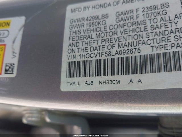 Продаж на аукціоні авто 2020 Honda Accord Ex-l, vin: 1HGCV1F58LA092675, номер лоту: 45887403